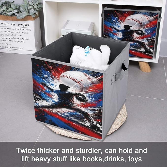 Baseball Player Pitching Action Art Storage Bin with Handles, Oxford Fabric Foldable Storage Cube Organizer for Clothes, Towels, Bedroom, Living Room, Home Organization