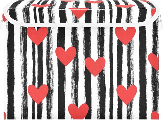 Love Stripes Storage Bin Foldable Collapsible Fabric with Lid Handles 40L | Decorative Storage Boxes, 300D Oxford Cloth, Hollow Board Frame, Flip Top Velcro Lid, 16.5x12.6x11.8 inch, Collapsible Design