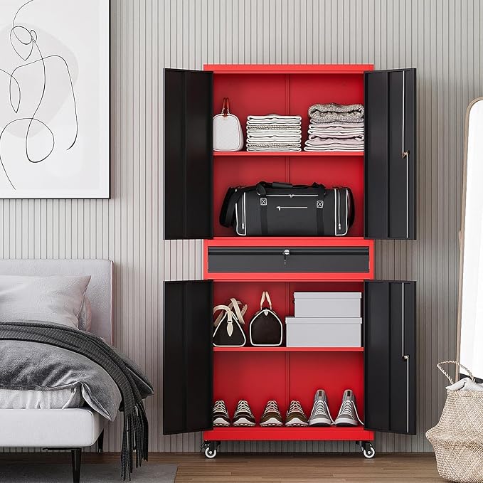 Metal Garage Storage Cabinet with Wheels,Rolling Tool Cabinet with Adjustable Shelves and Drawer for Garage Home Utility Room (Red)