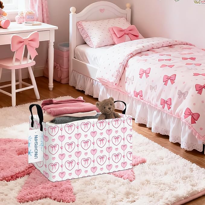 Rectangular Collapsible Pearl Heart Storage Basket Nursery Toy Organizer | Storage Bin Foldable Canvas with Handles for Organizing Home Kitchen Children Toys Office Closet Shelf Baskets