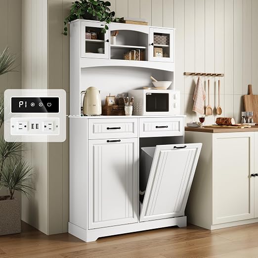 2 X 13 Gallons Double Tilt Out Trash Can Cabinet with Deodorizing Function and Power Outlet, 71" Tall Kitchen Pantry Storage Cabinet with 2 Drawers & Hutch, Freestanding Recycling for Kitchen, White