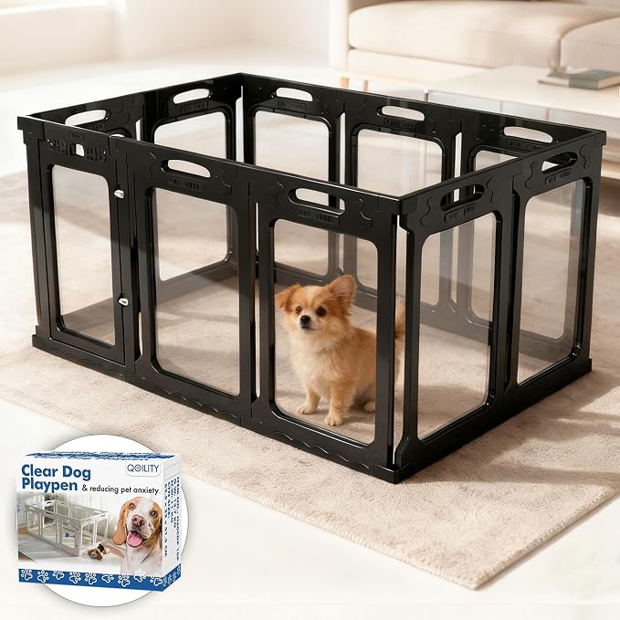 Clear Acrylic Indoor Dog Playpen, 30" H, 10 Panels, Black | Open View, Modern Home Fit, No Climbing Bars, Tool-Free Setup, For Puppies & Small Dogs