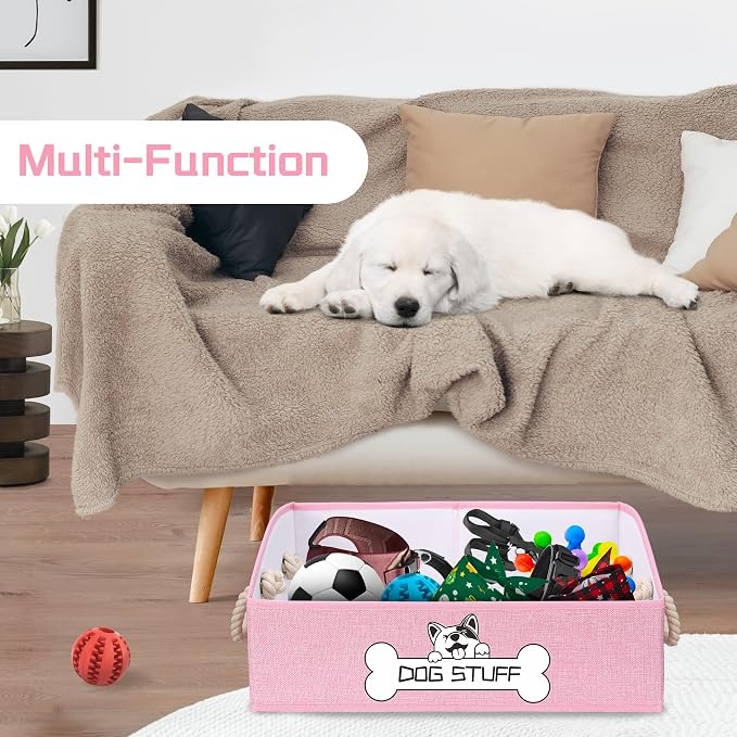 Dog Toy Basket, Storage Bin, Collapsible Box for Pet Accessories | Fabric Container With Handle, Trapezoid Holder for Small Medium dogs, Organizer for Living Room, Pink