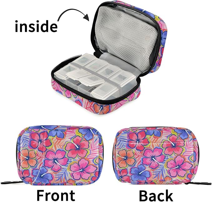 Fustylead Colorful Summer Hibiscus Flower with Palm Leaf Pill Organizer and Storage Weekly with Zipper, Removable Pill Box Portable Medicine Organizer for Vitamin Fish Oil Supplement