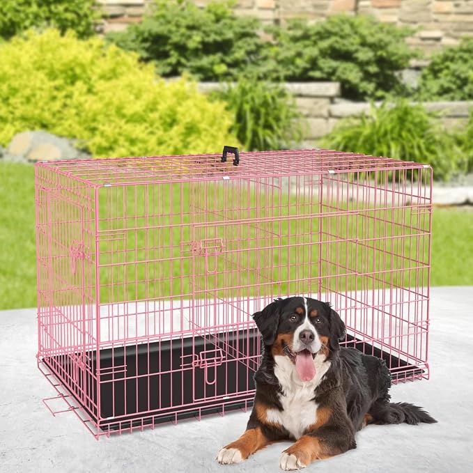 BestPet | Dog Crate | 48" | Pink | Foldable Metal Kennel with Double Doors | Secure Slide-Bolt Latches, Leakproof Tray | Portable Dog Cage for Large Breeds | for Travel, Indoor & Outdoor Use