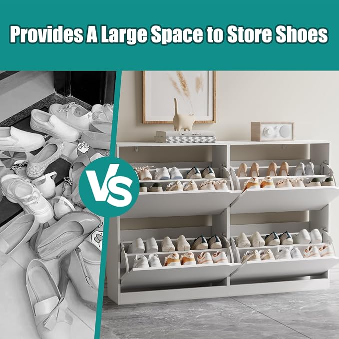 Xixini Shoe Storage Cabinet for Entryway with 4 Flip Drawers, Sturdy Wood Hidden Shoe Storage, Freestanding Narrow Slim Shoe Organizer for Front Door Entrance, Living Room, Hallway, Bedroom, White