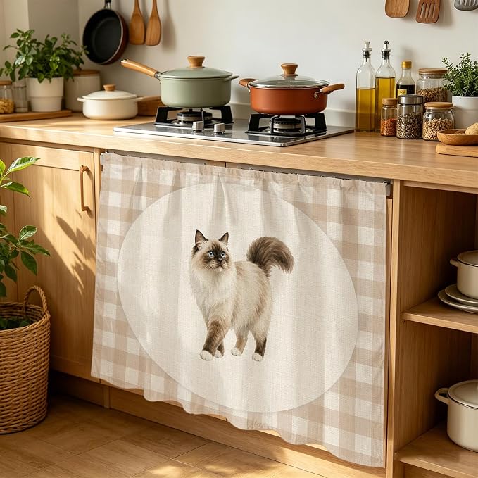 Ragdoll Cat Cabinet Curtain 35"Wx35"L, Dustproof Under Sink Skirt with Self Adhesive Tape, Vintage Linen Plaid Farmhouse Pet Cats Cabinet Curtain Cover for Kitchen Sink, Bathroom Vanity, Laundry Room