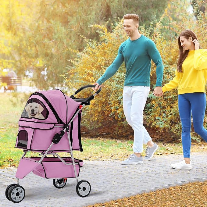 Dog Stroller With Storage Basket,3 Wheels Pet Stroller,Breathable Compact Portable Folding Carrier For Travel,Camping,Dog Carrier For Small Medium Dogs Or Cats,Lightweight Waterproof Pet Stroller,PINK