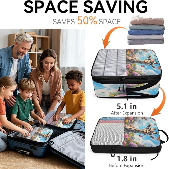 Giraffe 6 Set Compression Packing Cubes Cute Expandable Packing Organizer for Travel Accessories Luggage Suitcase Bag