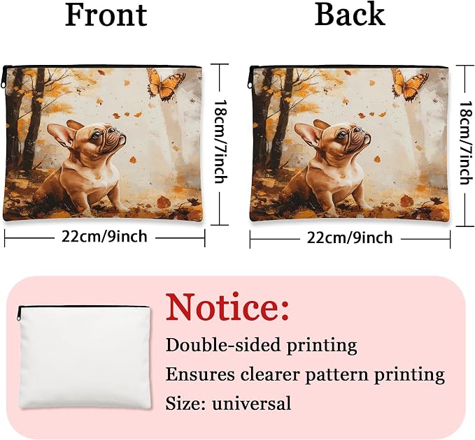 Fall French Bulldog Dog Makeup Bag, Funny Autumn Forest Printed Cosmetic Travel Pouch for Women Girls, Pet Portable Small Canvas Zipper Organizer 7x9 Inch