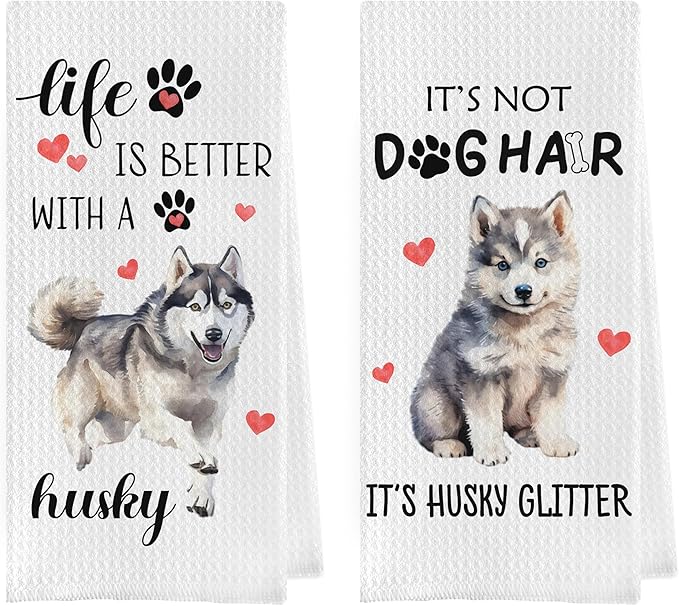 Gqtt Husky Gifts Waffle Weave Kitchen Towels - Funny Husky Hand Tea Towels, Set of 2 (1624 Inches)