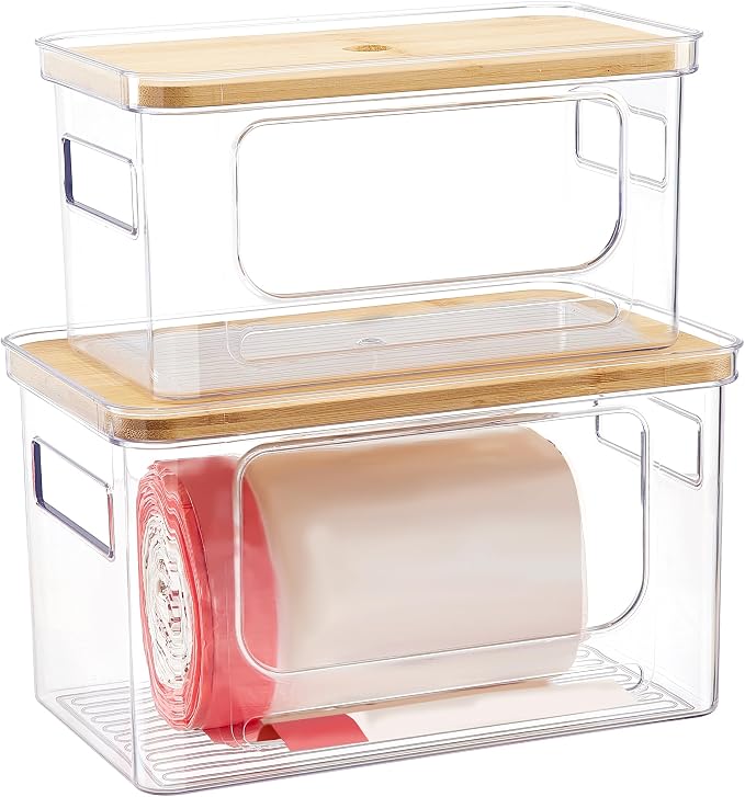 Goabroa Trash Bag Dispenser, 2 Pack Stackable Garbage Bag Holder with Bamboo Top, Clear Trash Bag Organizer Under Sink for Kitchen, Pantry, Cabinet, Laundry Room Storage and Organization