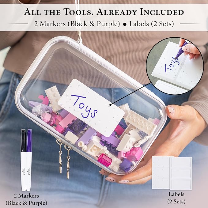 Clear Hard Shell Zipper Case Set (3 Large), 120s Thick PET Plastic, Dual Zippers with Star Charms, Removable Straps, Removable Labels with 2 Markers for Travel, Storage & Organization