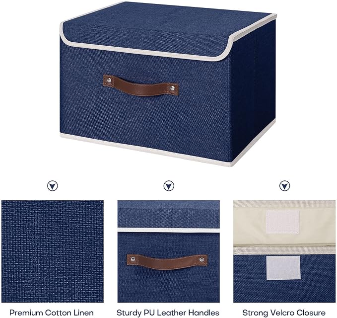 ANMINY Fabric Storage Box Bins with Lids, Blue, 13"x9"x7.9" | Keepsake Memory Storage, Cotton Linen, PP Board Reinforced, Washable, PU Handles, Foldable & Stackable, Decorative, Medium