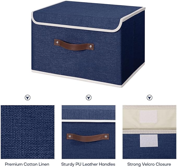 ANMINY Fabric Storage Box Bins with Lids, Blue, 15"x10"x10", 2 Pack | Keepsake Memory Storage, Cotton Linen, PP Board Reinforced, Washable, PU Handles, Foldable & Stackable, Decorative, Large