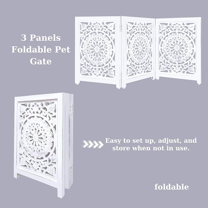 Lightnpro 3-Panel Wooden Dog Gate – Adjustable Freestanding Foldable Pet Safety Barrier, Extra-Wide Indoor Fence for Small Dogs & Pets – 24x54 Inch Antique White