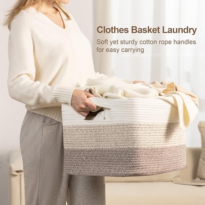 86L Large Woven Laundry Basket Hamper with Handles, Gradient Brown | collapsible wicker hamper, storage for dirty clothes, toys, blankets, gifts, living room, bedroom, bathroom, 24"x16"x14"