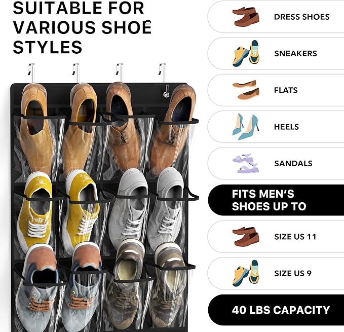 Simple Houseware 24 Pockets Large Clear Over the Door Shoe Organizer, Black | 56" x 22.5", 4 Durable Metal Hooks, 5" x 9" Pocket Size, Multipurpose