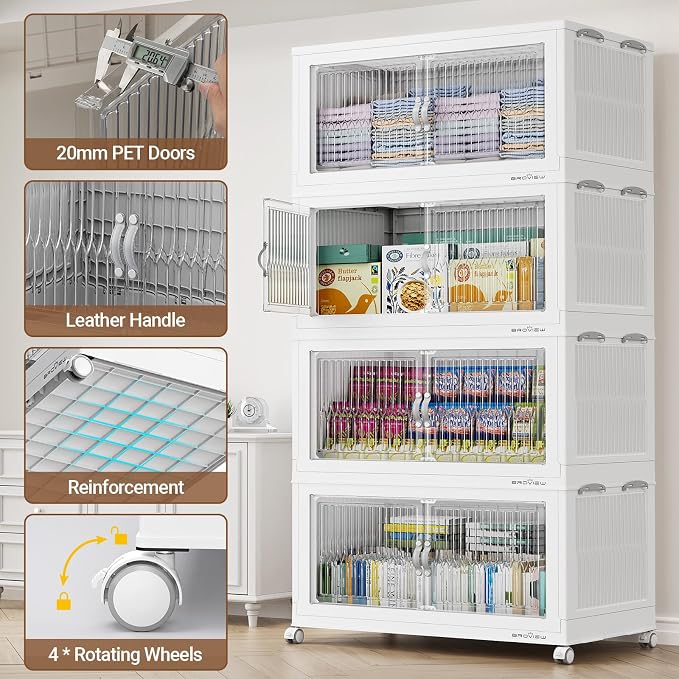 BROVIEW 800Qt Stackable Storage Bins with Lid for Home Dorm, 4Pack White | Closet Organizers, Foldable & Collapsible Cabinets, Large Containers, Wheels & Magnetic Doors, Plastic Drawers for School