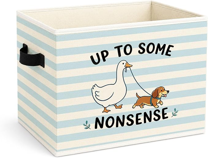 Goose Dog Blue Stripe Foldable Fabric Storage Bin | Up to Some Nonsense blue stripe design; foldable fabric storage bin for kids room, nursery, or playroom.