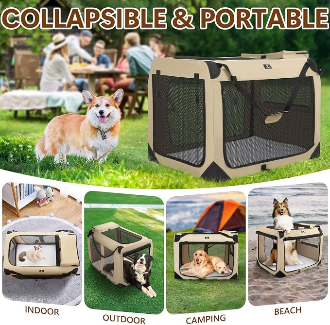 X-ZONE PET Dog Crate 3-Door Kennel, Collapsible Portable Soft Sided Pet Carriers for Indoor & Outdoor, Multiple (36-Inch, Rice White)