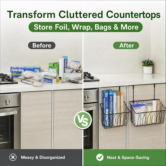 TOPZEA 2 Pack Grid Storage Baskets with Hooks, Metal Hanging Wire Basket Kitchen Over the Cabinet Door Organizer Caddy for Cutting Board, Kitchen Wrap, Foil, Cleaning Supplies, Bakeware, Towel