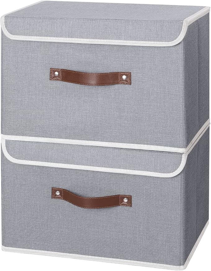 ANMINY Fabric Storage Box Bins with Lids, Gray, 15"x10"x10", 4 Pack | Keepsake Memory Storage, Cotton Linen, PP Board Reinforced, Washable, PU Handles, Foldable & Stackable, Decorative, Large
