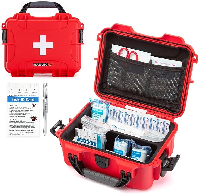 NANUK 904 Waterproof First Aid Kit 110pcs – Durable, Pre-Stocked First Aid Emergency Kit with Bandages, Tick Removal Tool, and More – Dustproof, Impact-Resistant, Floats (10.2" x 7.9" x 4.5") – Red
