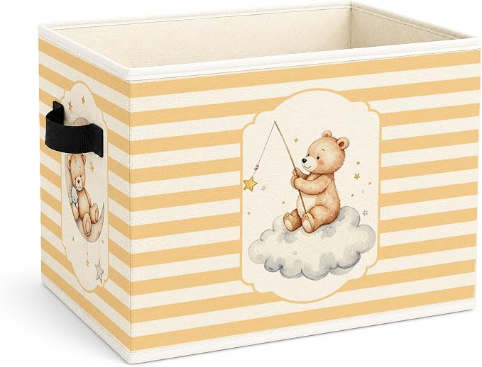 Moon Teddy Bear Storage Basket, Yellow Stripe Toy Organizer | Foldable fabric bin with a moon teddy bear and yellow stripes, perfect for toys, books, clothes, and nursery storage.