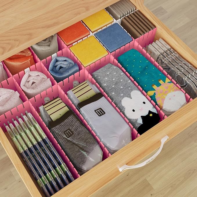 Adjustable Drawer Dividers, Cut to Fit Plastic Organizer Strips, 8-Pack | Plastic Drawer Dividers for Organizing Utensils Socks Underwear Makeup in Kitchen Bedroom Drawers Bins Fridge Compartments
