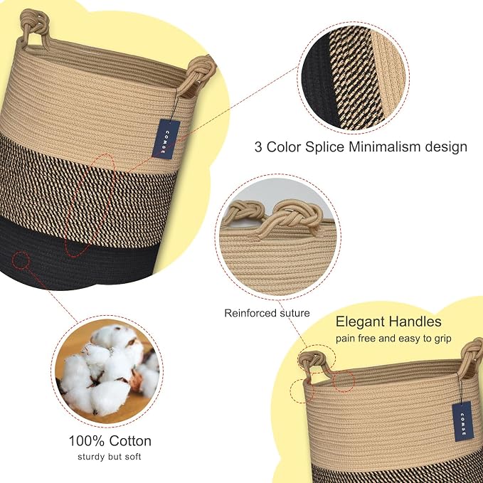 COMSE Tall Woven Blanket & Laundry Basket, 72L, Brown & Black | 15.7”x 21.7”, Cotton Rope, Large Nursery Hamper for Storage of Toys Clothes Towels, Great for Living Rooms Bedrooms Bathrooms