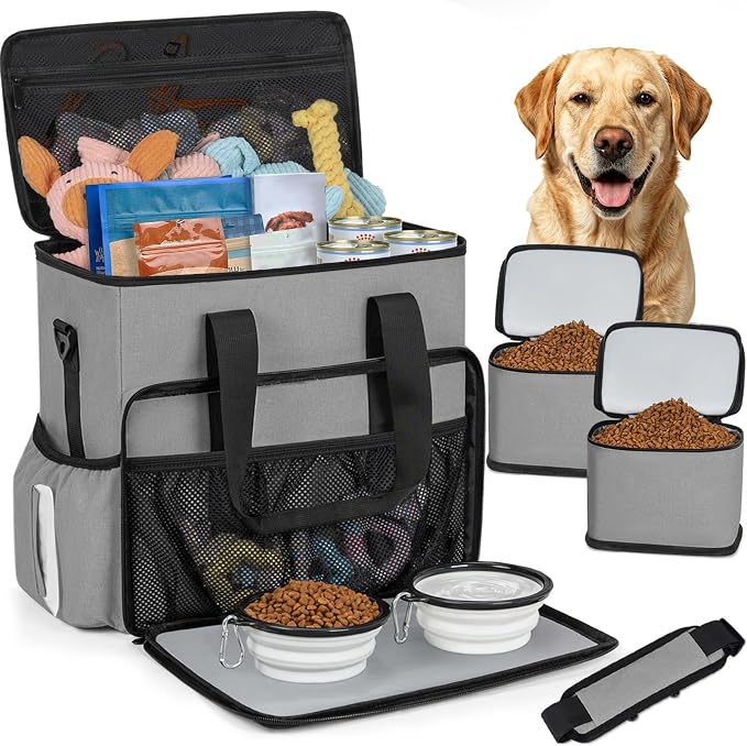 TORIBIO Large Dog Travel Bag for Supplies with Food Bowl | With 2 Food Container and Collapsible Bowls, Mat & Divider, Water-resistant, Pet Travel Kit for Weekend, Road Trips, Camping