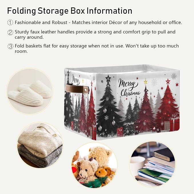 Christmas Tree Storage Basket with Waterproof Liner and PU Handles Xmas Winter Gray Black Red Snowflake Storage Bins Boxes 14.2" Collapsible Decorative Baskets for Bedroom Closet Office 2 Pack