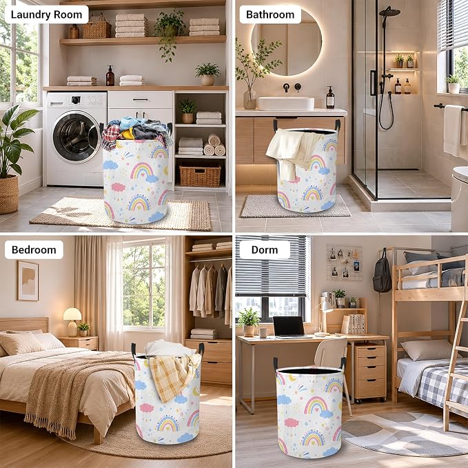 Rainbow Clouds Laundry Basket, Foldable Oxford Cloth Moon Stars Laundry Hamper with Handles, Tote Bag Clothes Storage Bucket for Laundry Room/Bathroom/Bedroom/Dormitories 20.8"x16"