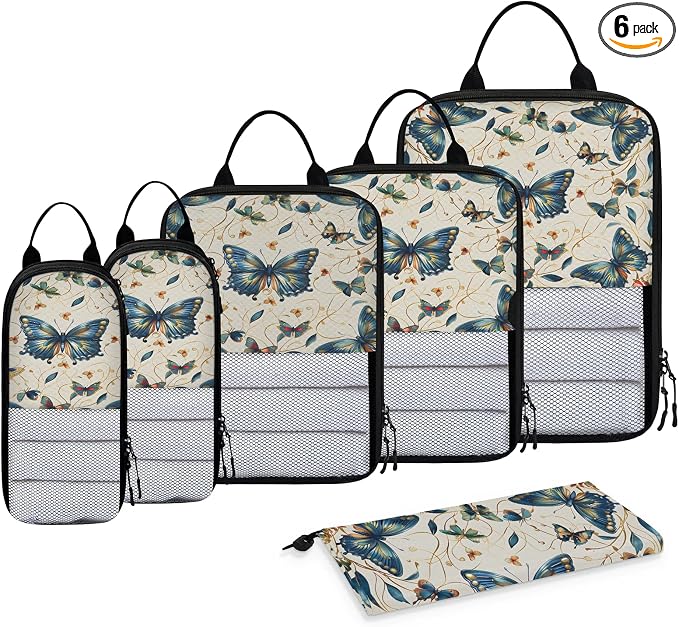 Butterfly Compression Packing Cubes Vintage Floral 6 Set Travel Packing Cubes for Suitcases Lightweight Expandable Organizers