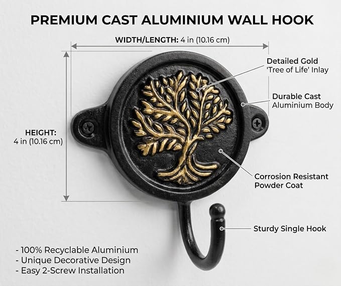 Aluminium Tree of Life Wall Hook for Entryway, Bathroom & Bedroom | Rustic Decorative Coat Hook Rack | Heavy Duty Wall Mounted Organizer for Keys, Towels, Bags, Hats & Home Décor