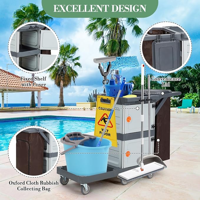 Commercial Janitorial Cleaning Cart 3-Shelf 2-Cabinet Housekeeping Cart with Lockable Wheels Oxford Bag and Cover Heavy Duty for School Hotel Apartment