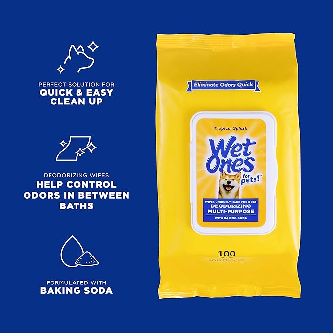 Wet Ones for Pets Deodorizing Multipurpose Dog Wipes with Baking Soda, Tropical Splash Scent - Deodorizing Dog Grooming Wipes with Wet Lock Seal, 100 Count - 12 Pack