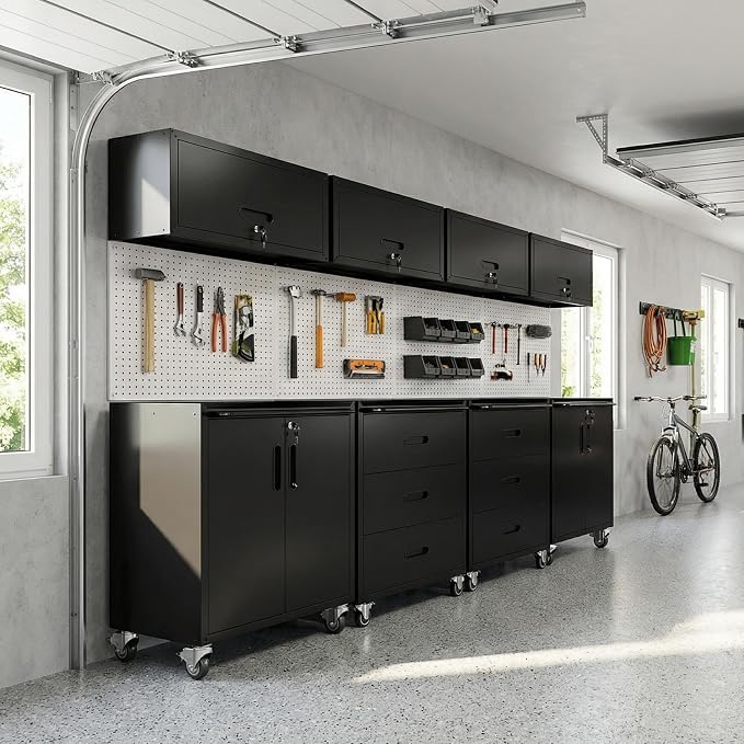 Garage Cabinet System | Heavy Duty Steel All-in-One Modular Garage Cabinet Set for Ultimate Workshop Organization | Easy Assembly Garage Storage Cabinets & Tool Bench