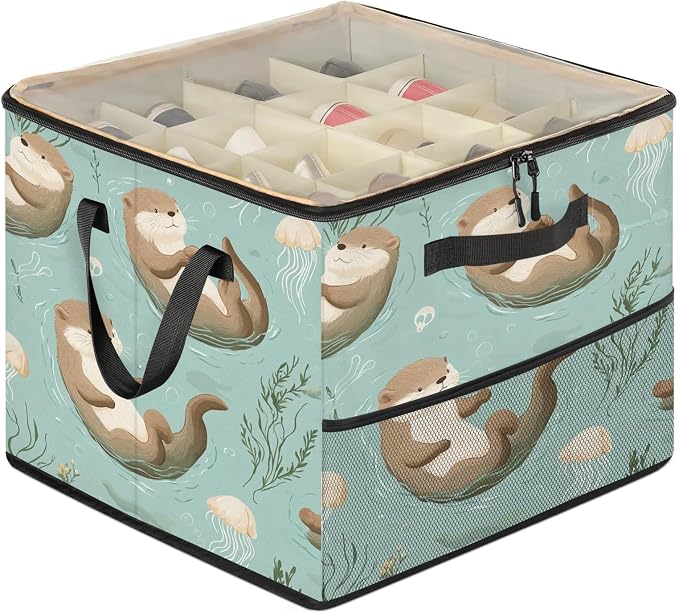 TropicalLife Cute Floating Otters Shoe Organizer for Closet | Jellyfish Seaweed Foldable Shoe Storage Organizer Box Bin with Adjustable Dividers and Clear Cover, Fits up to 16-32 Pairs