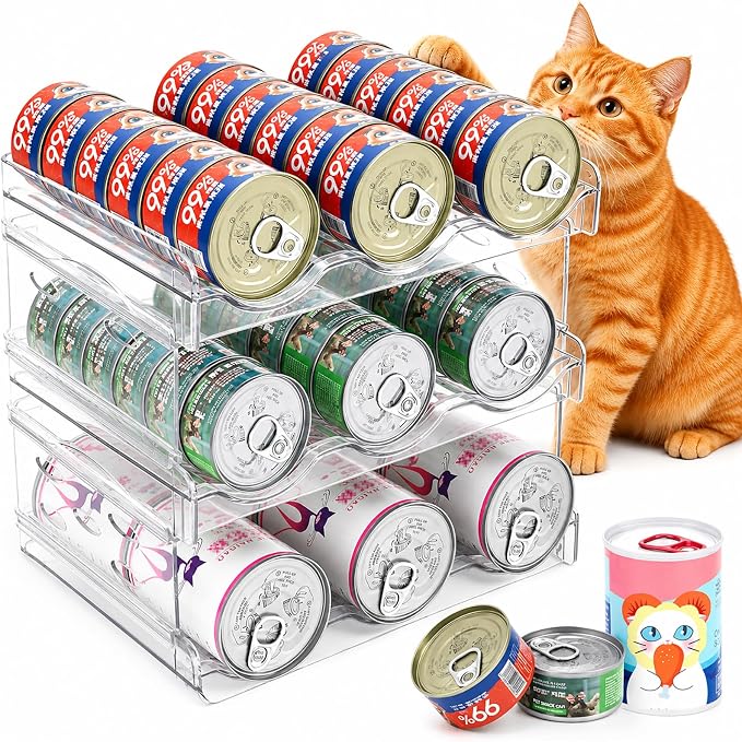 FHTONGE 3-Tier Heavy-Duty Transparent Cat Can Organizer for Multiple Sizes | Wet Cat Food Storage Rack for Pantry Kitchen Cabinet Rridge, Pet Canned Goods Dispenser Shelf Dog Tins Holder Container