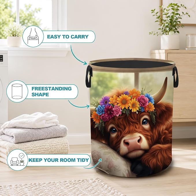 Highland Cow Floral Portable Laundry Hamper,Farmhouse Cozy Collapsible Clothes Basket with Handles,Waterproof Oxford Cloth Organizer for Dorm Bedroom Bathroom Nursery,16 x 20 Inch