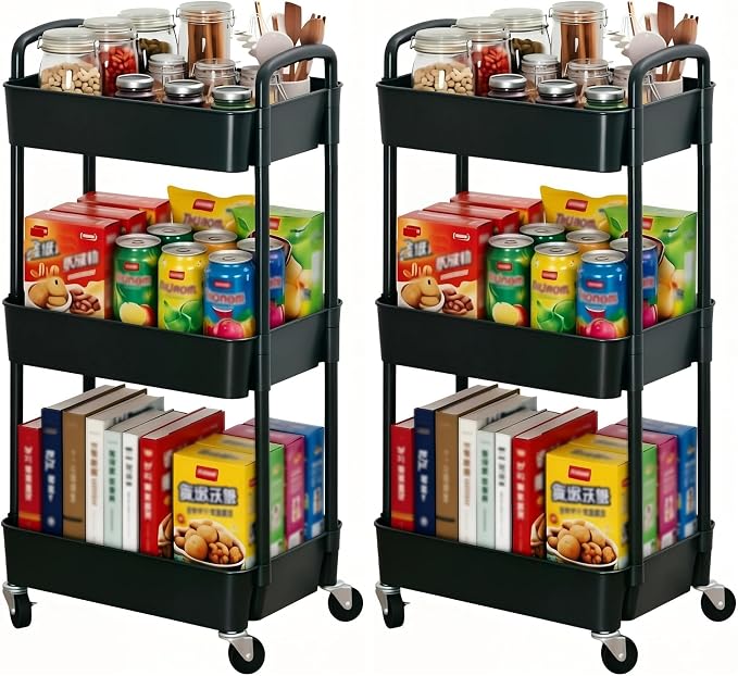 Sywhitta 3-Tier Plastic Rolling Utility Cart with Handle, Multi-Functional Storage Trolley for Office, Living Room, Kitchen, Movable Storage Organizer with Wheels, Black (Pack of 2)
