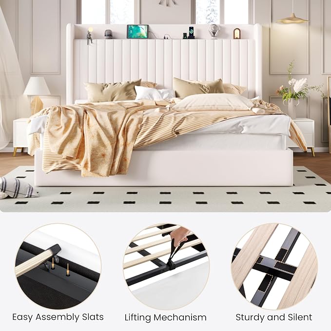 SHA CERLIN King Size Lift Up Storage Bed Frame, Charging Station, White | Storage Headboard with Charging Station, USB, Type-C Port Velvet Hydraulic Storage Bed No Box Spring Needed Noise Free