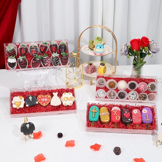 RomanticBaking 12PCS 12x5x2 Inch Clear Treat Boxes for Party Favors | Clear Gift Boxes for Chocolate Covered Strawberries, Cocoa Bombs, Donuts, Muffins, Pastries, Bakery, Cookie, Macaron