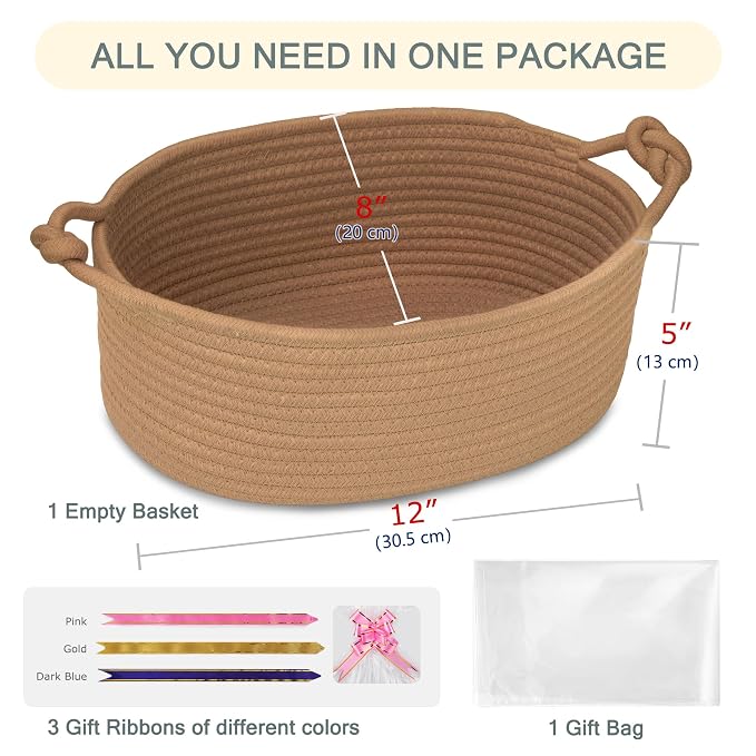 COMSE Small Gift Basket Empty with Bag & Ribbons, Solid Camel | Cotton Rope, 12"x 8"x 5", Pet Toy Storage Organizer, Woven Basket for Birthdays, Baby Showers, Mother’s Day, Valentine’s Day