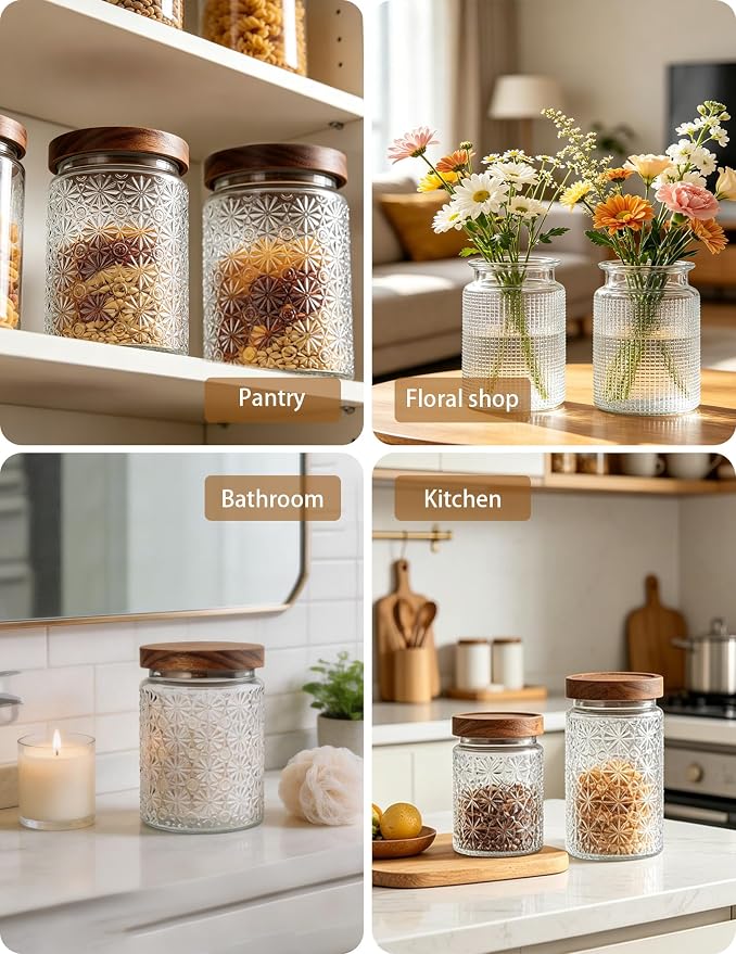 Vintage Glass Jars with Wood Lids - 24 OZ Airtight Storage Container for Kitchen Pantry Bathroom, Decorative Canisters for Coffee Beans, Brown Sugar, Cookie, Candy, Tea Bag, Dog Treat, Flour