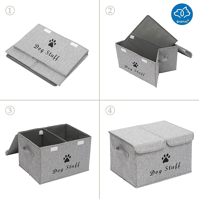 Large Dog Toys Storage Box Canvas Storage Basket Bin Organizer with Lid - Collapsible Linen Bin Ideal for Organizing Dog Cat Toys and pet stuff-PP Boad-17" x 12" x 10" - Snow Gray