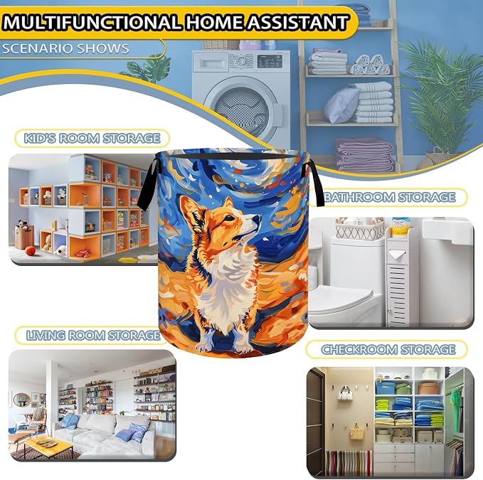 Whimsical Corgi Dog Laundry Basket,Dirty Clothes Hamper,Abstract Puppy and Starry Night Storage Bin Gifts,Waterproof Oxford Cloth Baskets for Bathroom,Bedroom,Home Decoration(19.7" x 15.7")