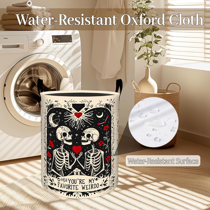 Gothic Skull Laundry Basket, Skeleton Couple Foldable Oxford Cloth, Waterproof Dirty Clothes Hamper with Handles, Clothing Storage Bin Toy Organizer for Bedroom Dorm Bathroom, 19.7"x15.7"